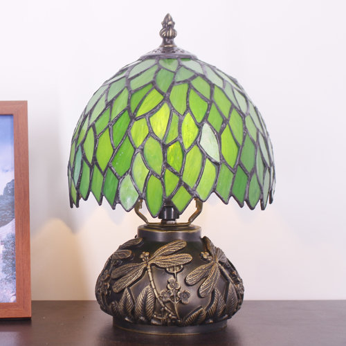 Bloomsbury Market Tiffany Table Lamp 11" Tall Green Leaf Stained Glass Mushroom Type Lamp Wayfair